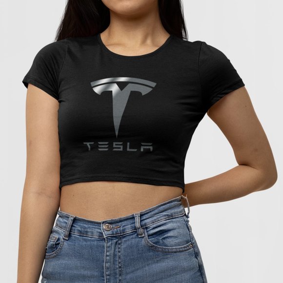 NEW Tesla Motors Silver Logo Form Fit Crop Top Shirt BLACK - Picture 1 of 4
